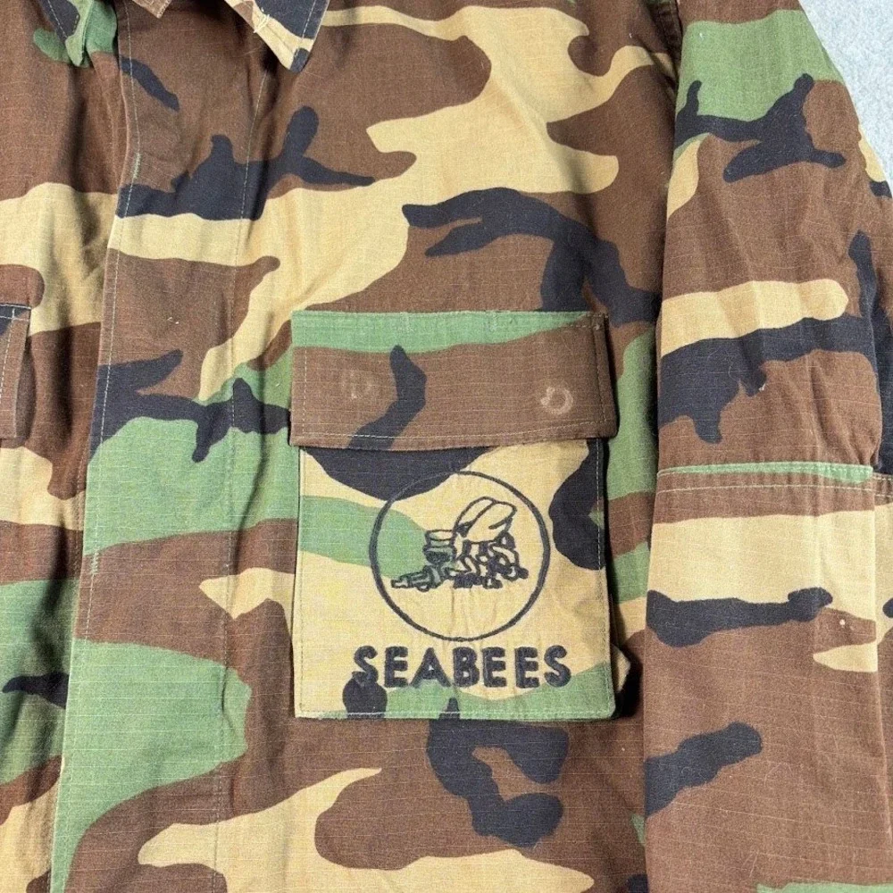 VTG 90s US Navy Seabees Woodland Camo BDU Coat XL Regular NSN 8415-01-390-8555